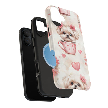 Floral Puppy in Teacup MagSafe iPhone Case – Cute Pink Flower Design, Tough Dual-Layer Protection