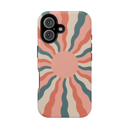 Retro Sunburst MagSafe iPhone Case – Bold 70s-Inspired Waves in Coral, Teal, and Cream