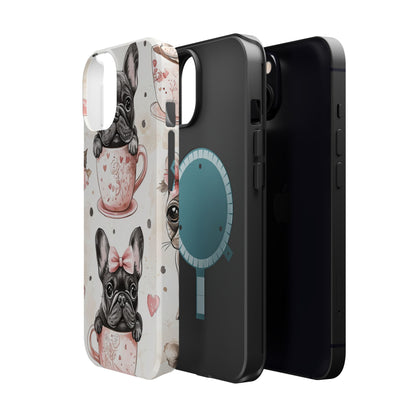 French Bulldogs in Teacups MagSafe iPhone Case – Cute Dog Design with Hearts & Bows, Shockproof & Slim