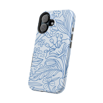 Dusty Blue Floral Line Art Tough MagSafe iPhone Case – Minimalist Botanical Design with Dual-Layer Protection