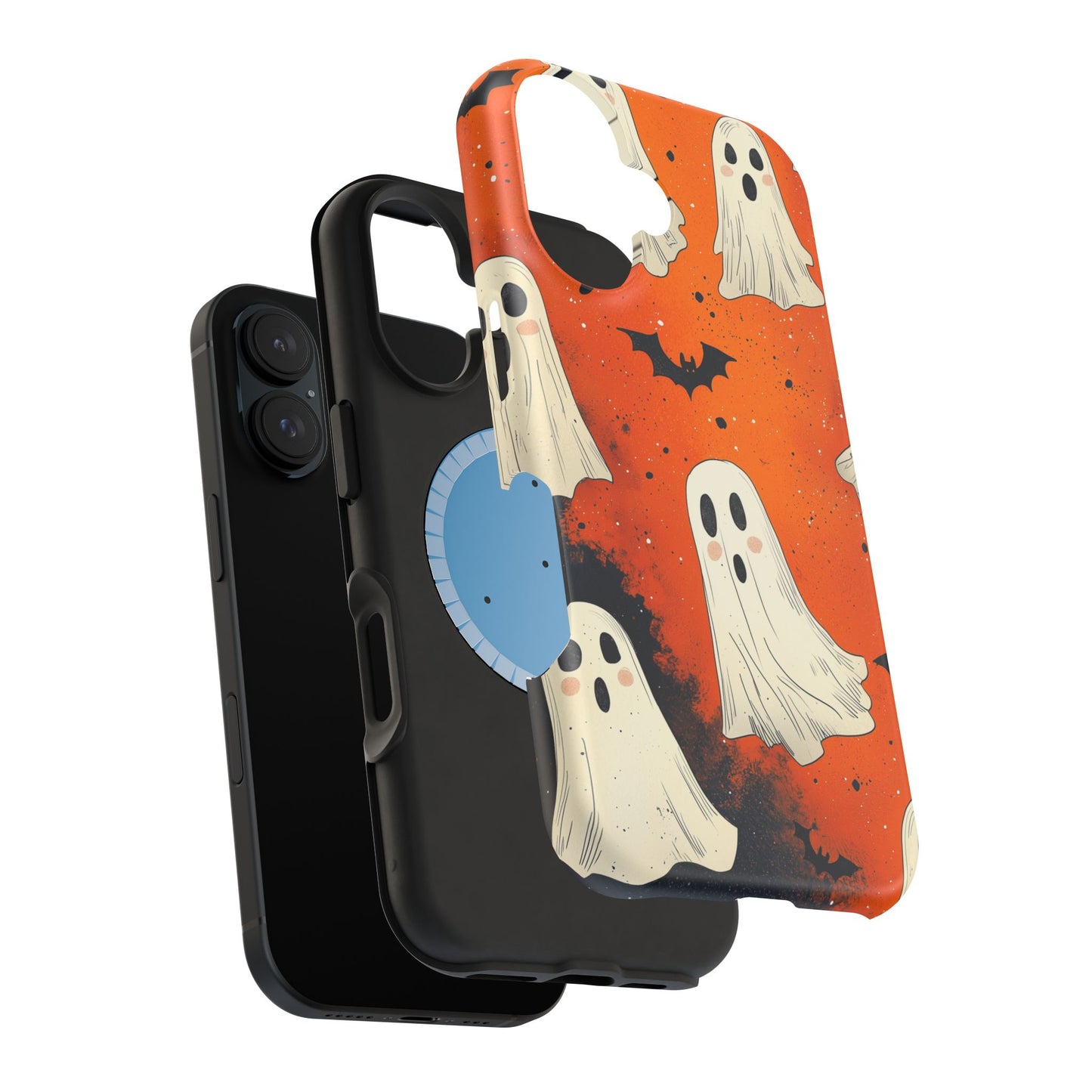 Spooky Ghosts & Bats  MagSafe iPhone Case – Vibrant Orange Halloween Design