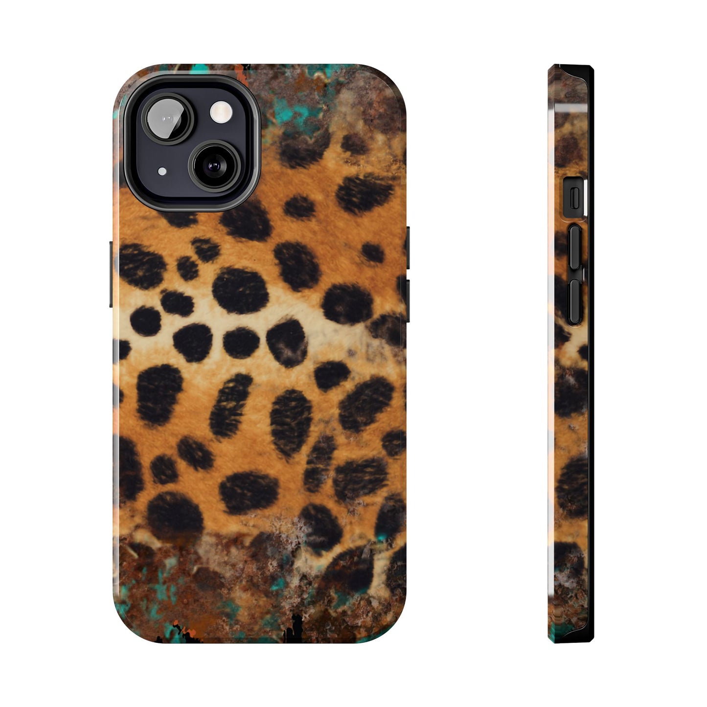 Rustic Leopard Print Tough iPhone Case – Distressed Turquoise and Animal Pattern with Dual-Layer Protection