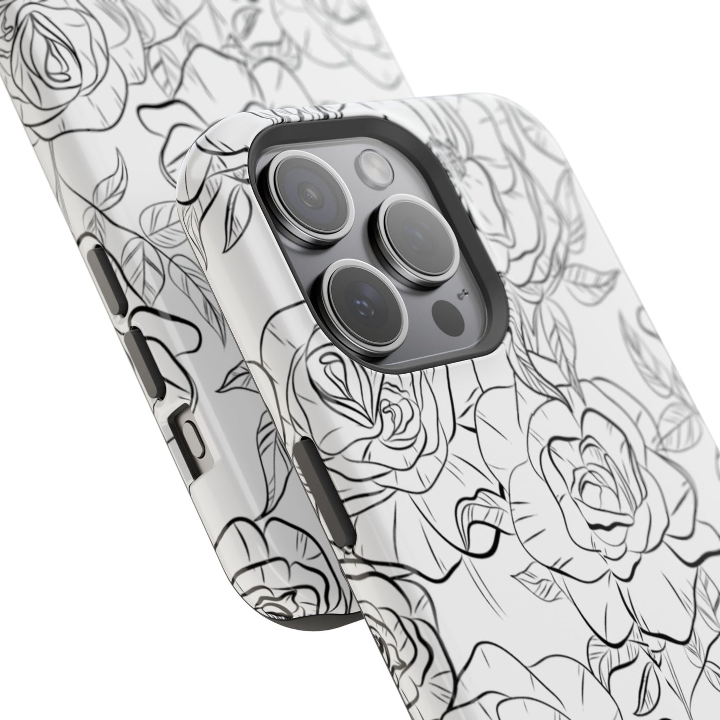 Monochrome Rose Garden Tough MagSafe iPhone Case – Elegant Floral Line Art with Dual-Layer Protection