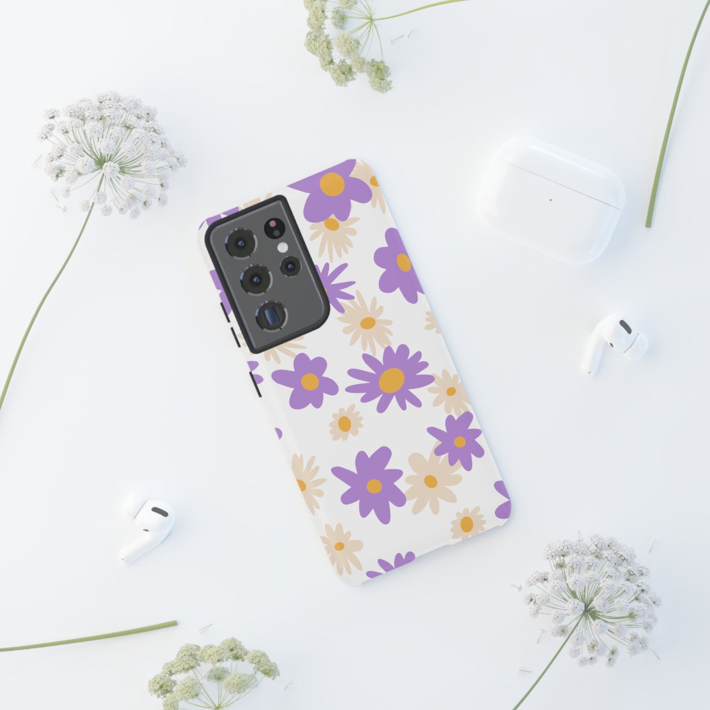 Retro Daisy Flower Samsung Galaxy Case – Pastel Purple & Cream Floral Design with Matte Finish