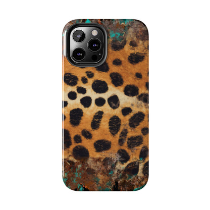 Rustic Leopard Print Tough iPhone Case – Distressed Turquoise and Animal Pattern with Dual-Layer Protection