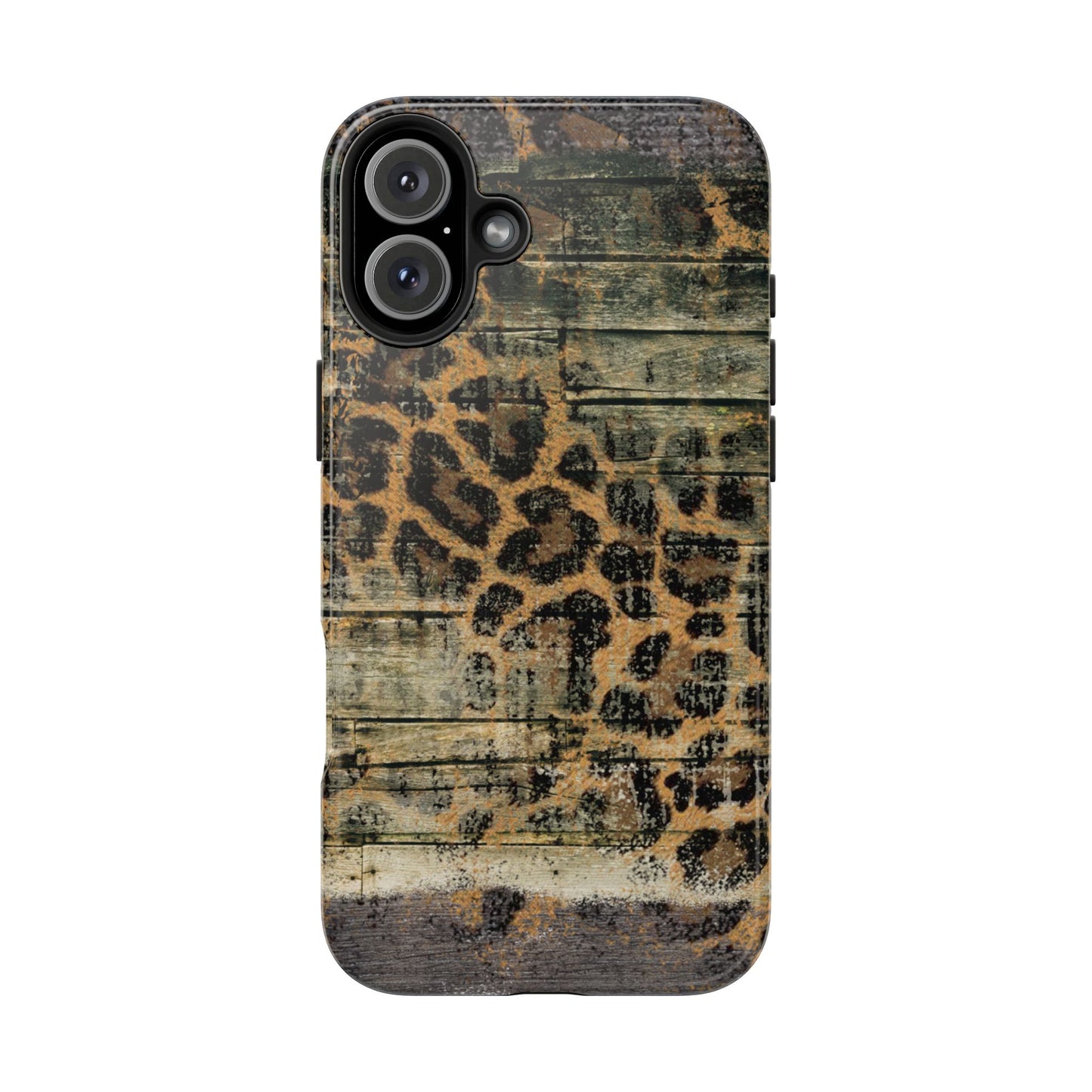 Rustic Wood and Leopard Print Tough iPhone Case – Distressed Western Design with Dual-Layer Protection