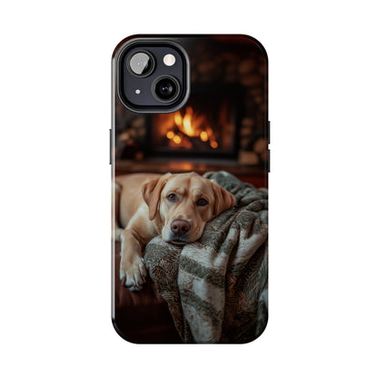 Cozy Labrador by Fireplace iPhone Case – Rustic Cabin Protective Cover