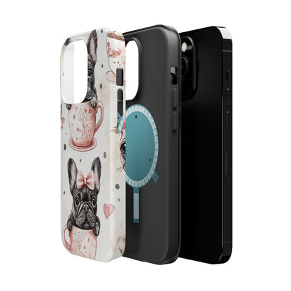 French Bulldogs in Teacups MagSafe iPhone Case – Cute Dog Design with Hearts & Bows, Shockproof & Slim