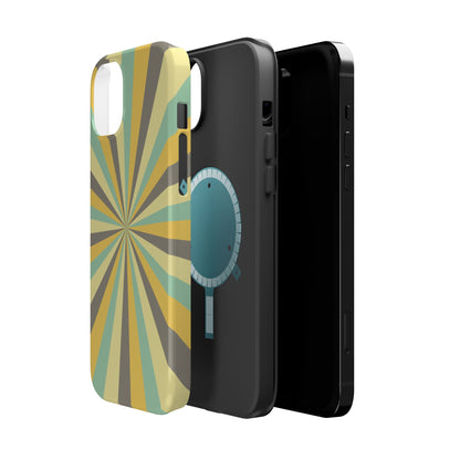 Vintage Sunburst Rays MagSafe iPhone Case – Bold 70s-Inspired Burst in Yellow, Mint, and Gray