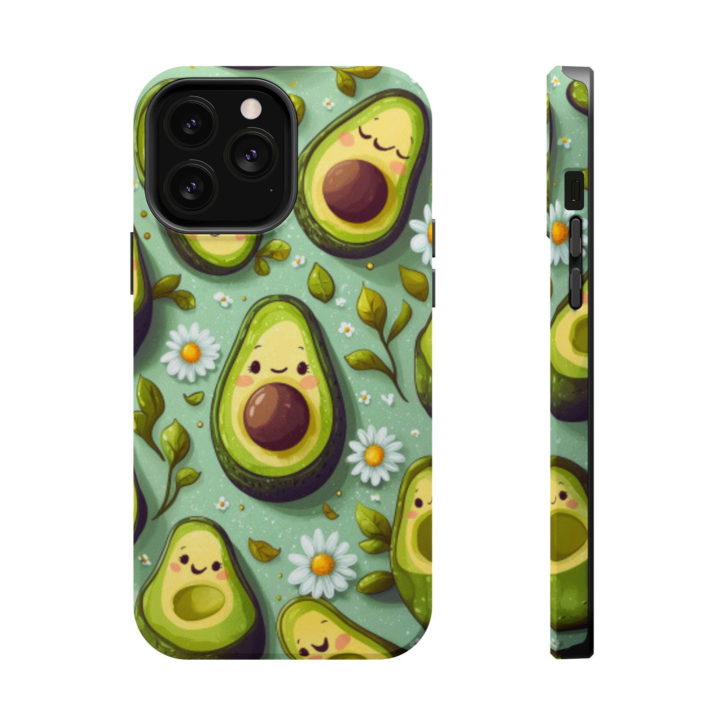 Cute Avocado MagSafe iPhone Case – Adorable Kawaii Avocados with Daisies, Shock-Resistant