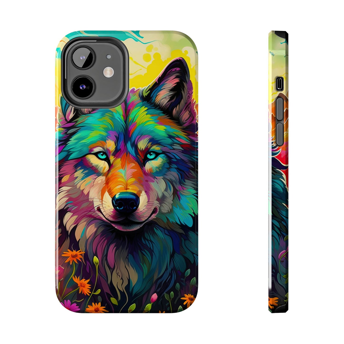 Rainbow Wolf in Bloom – iPhone Case with Vivid Nature Design