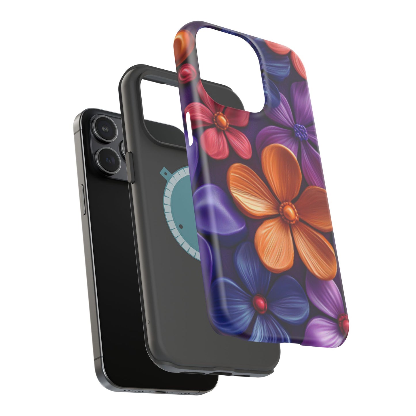 Bold Floral 3D MagSafe iPhone Case – Vivid Purple and Orange Flower Design, Shock-Resistant