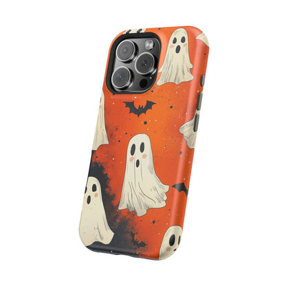 Spooky Ghosts & Bats  MagSafe iPhone Case – Vibrant Orange Halloween Design