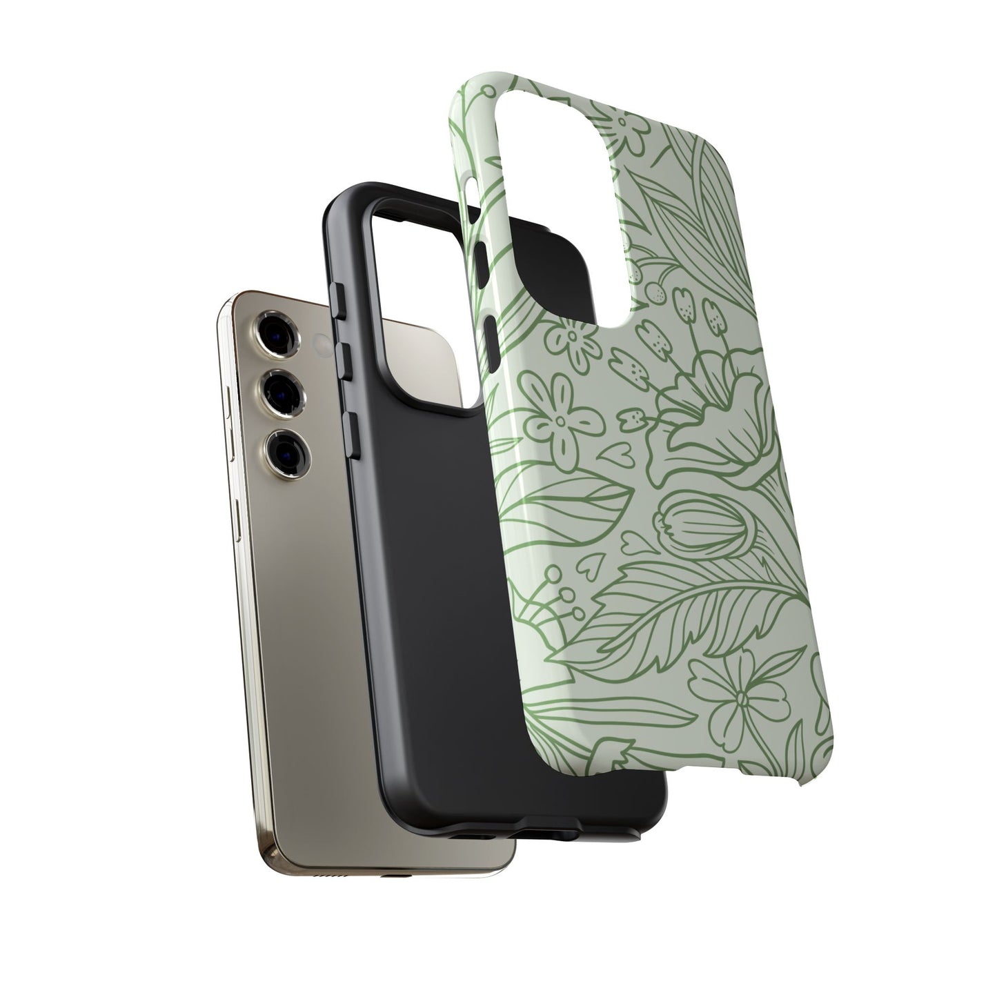 Sage Green Floral Line Art Tough Samsung Galaxy Case – Minimalist Botanical Design with Dual-Layer Protection