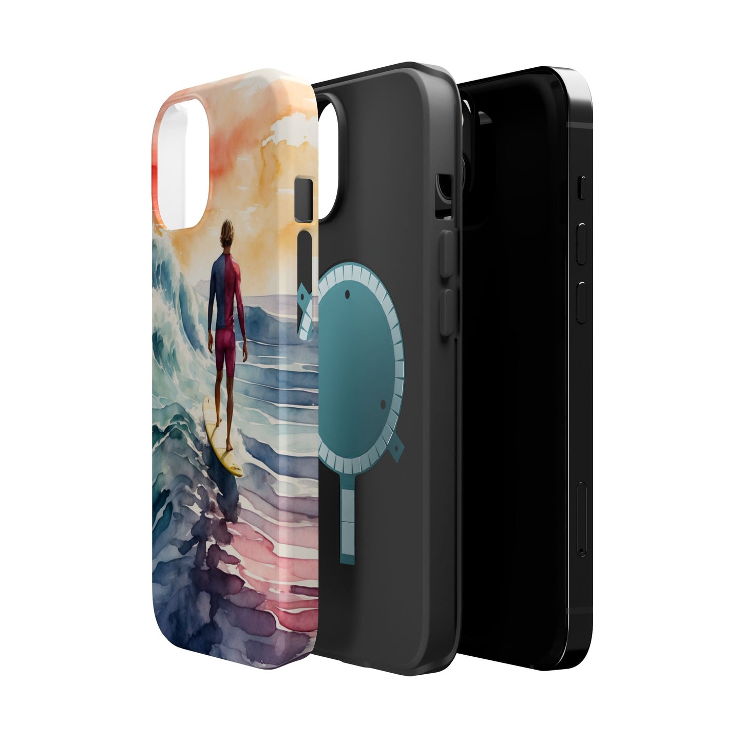 Surfer’s Sunset Wave MagSafe iPhone Case – Vibrant Watercolor Design