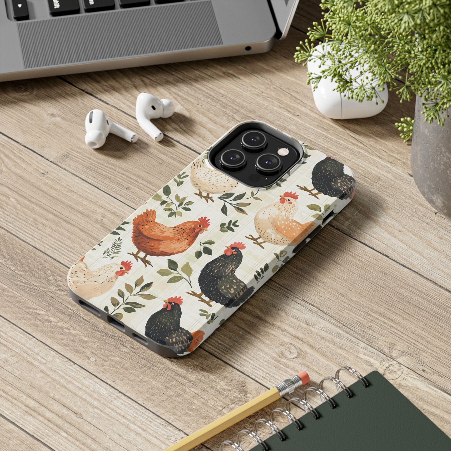 iPhone Case: Vintage Chicken Farmhouse Case – Rustic Leaves Design