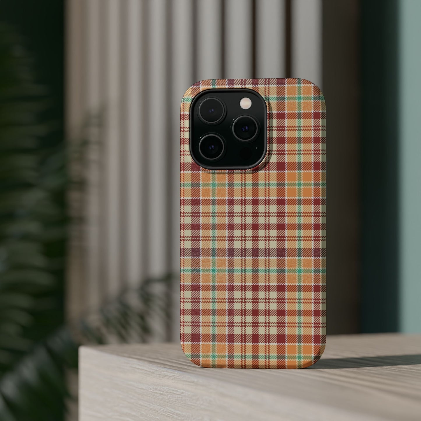 Retro Chic Plaid MagSafe iPhone Case in Red, Orange, Green & Cream – Vintage Design Meets Modern Tech