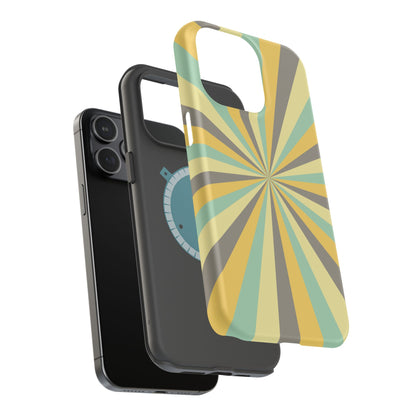 Vintage Sunburst Rays MagSafe iPhone Case – Bold 70s-Inspired Burst in Yellow, Mint, and Gray