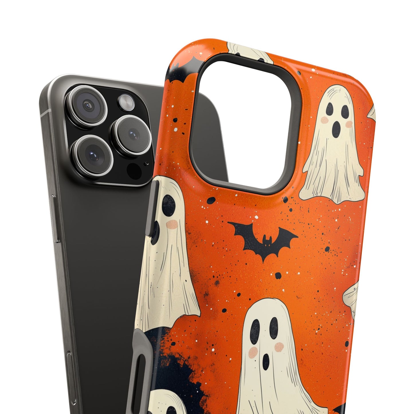 Spooky Ghosts & Bats  MagSafe iPhone Case – Vibrant Orange Halloween Design