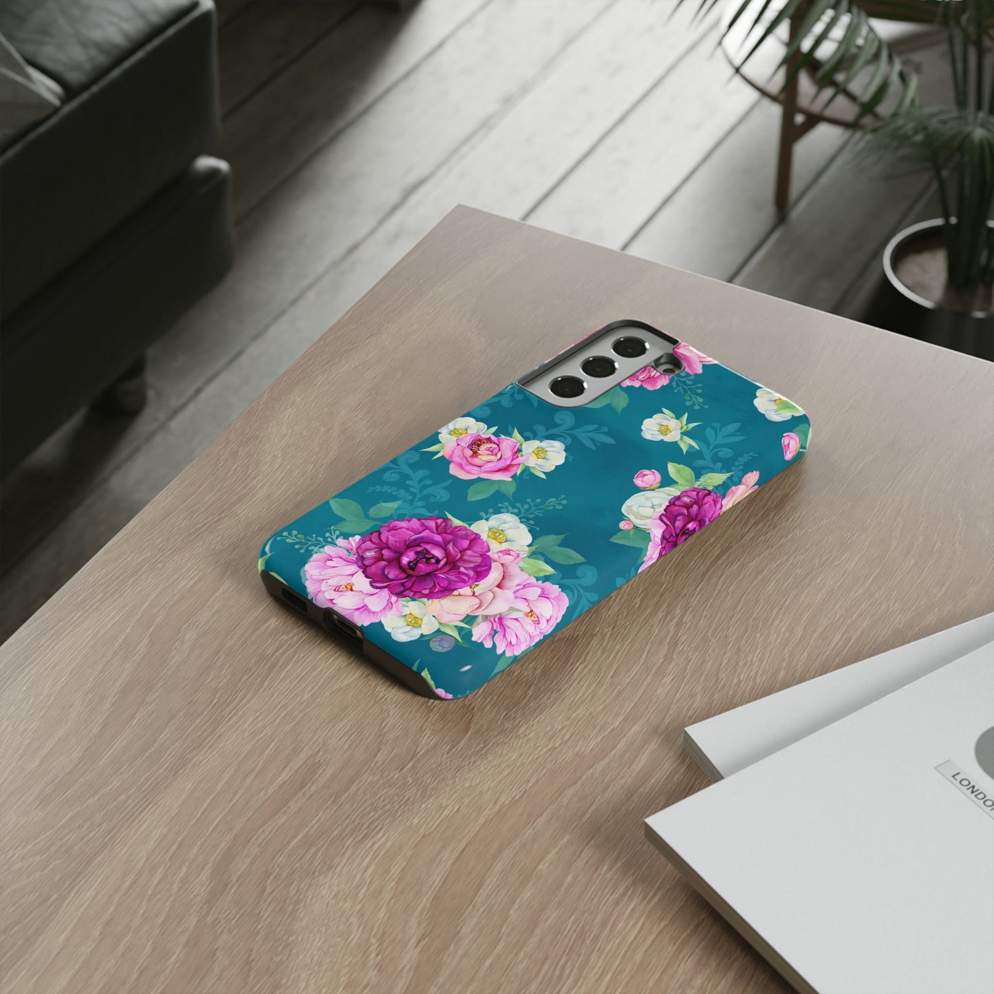 Elegant Peony Bouquet Samsung Galaxy Case – Deep Teal Background with Romantic Floral Design