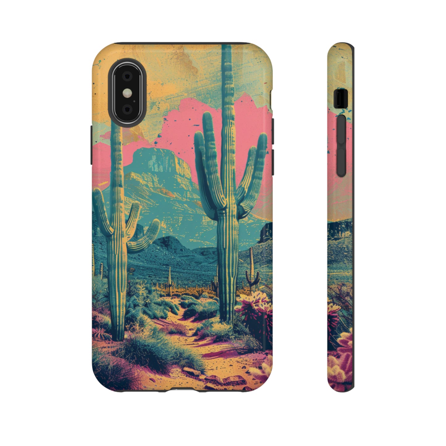 Desert Oasis Retro Cactus Phone Case - Vibrant Sunset Landscape for iPhone 15/14/13/12, Samsung S24/S23/S22/S21, & Google Pixel