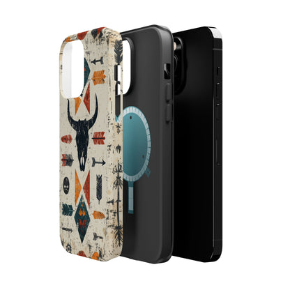 Tribal Bull Skull & Arrows Tough MagSafe iPhone Case – Rustic Western Design, Dual-Layer Protection