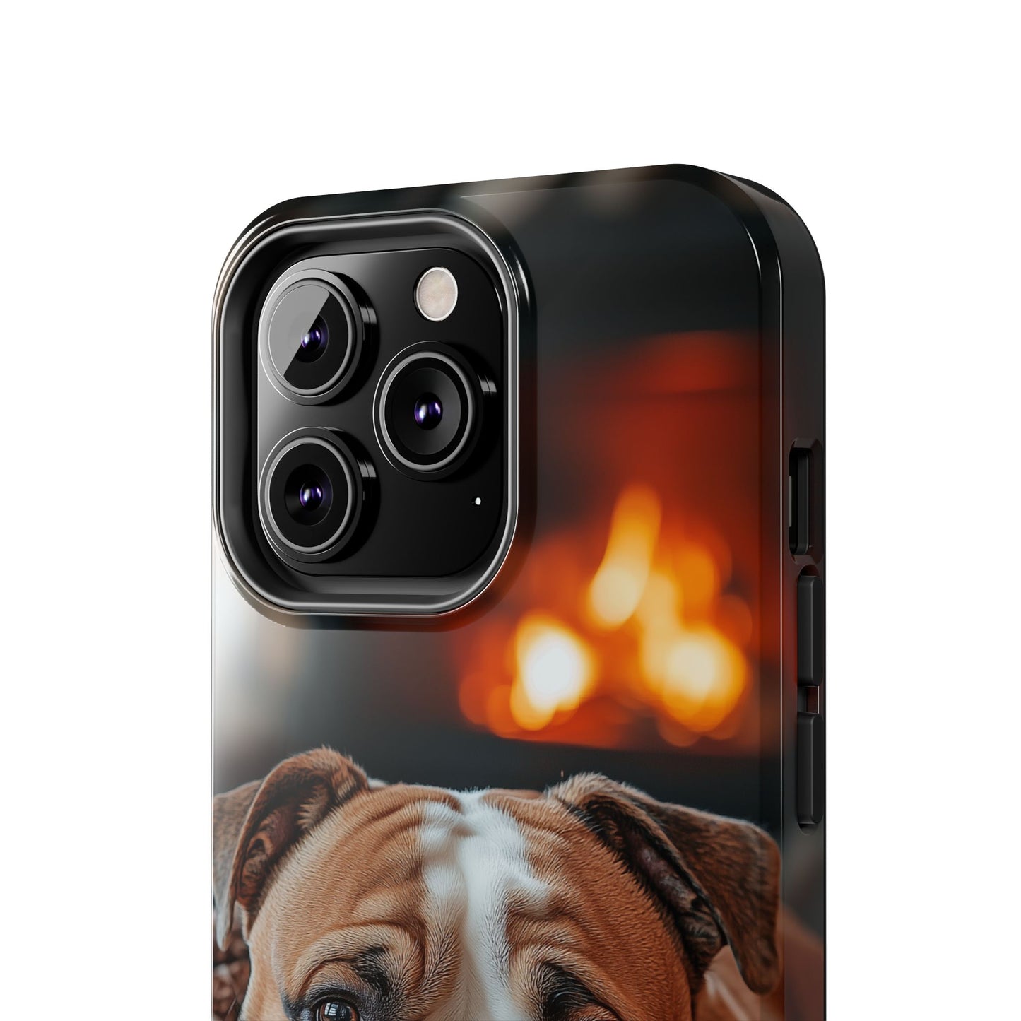 Cozy Bulldog iPhone Case – Fireside-Inspired Protective Cover Description: