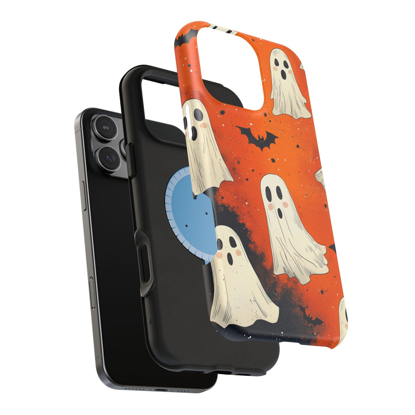 Spooky Ghosts & Bats  MagSafe iPhone Case – Vibrant Orange Halloween Design