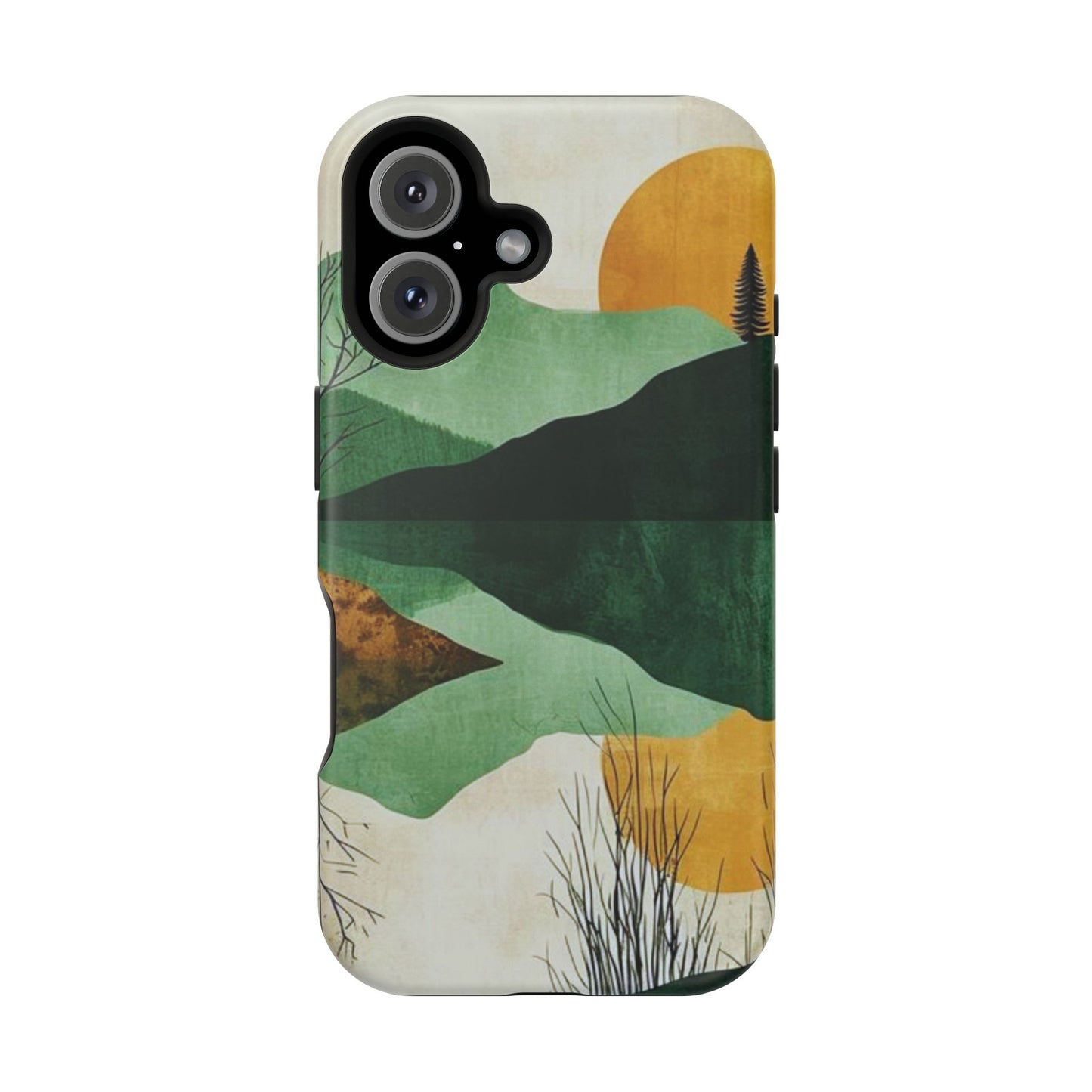 Retro Mountain Sunrise MagSafe iPhone Case – Minimalist Landscape Design, Dual-Layer Protection