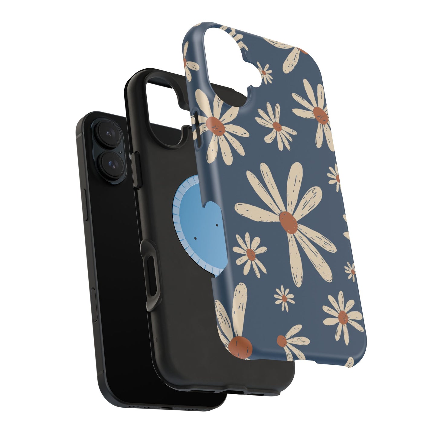 Vintage Daisies MagSafe iPhone Case – Navy Blue Floral Design, Scratch-Resistant with Shock-Absorbing Bumper