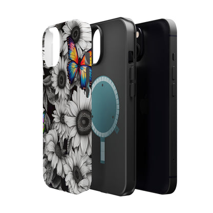 Rainbow Butterflies & Monochrome Sunflowers – MagSafe iPhone Case