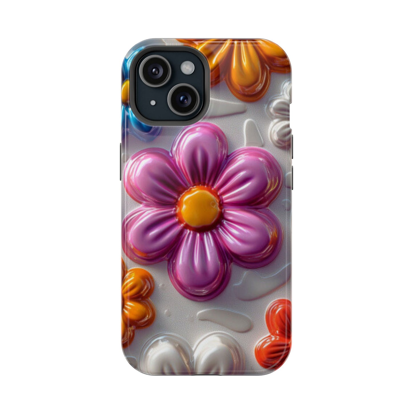 Glossy 3D Floral MagSafe iPhone Case – Colorful Flower Pattern, Durable Protection