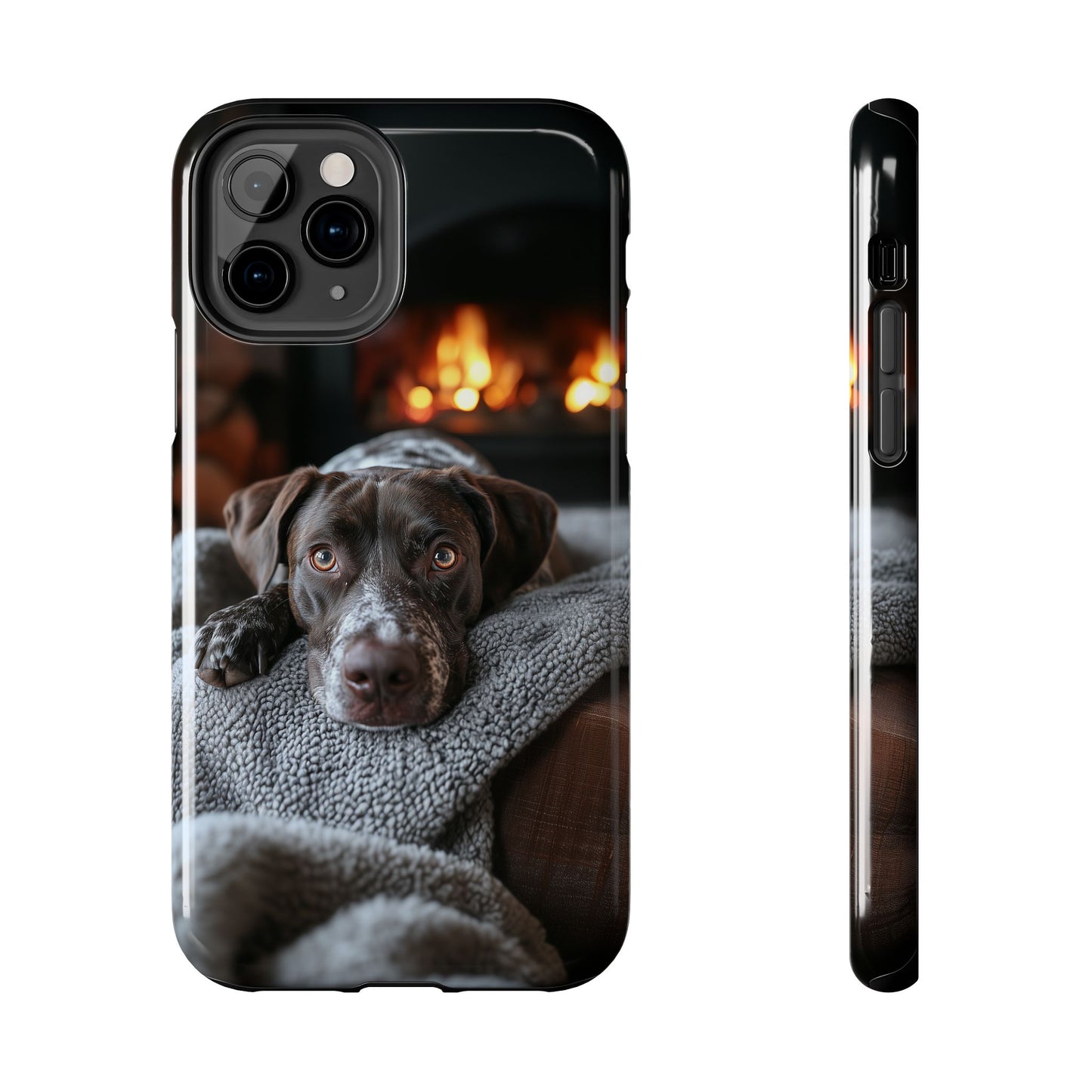 Cozy German Shorthaired Pointer iPhone Case – Rustic Fireplace Protective Cover