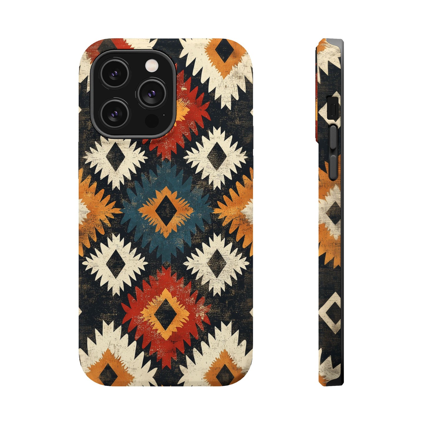 Rustic Tribal Sunburst Tough MagSafe iPhone Case – Vibrant Geometric Design, Dual-Layer Protection