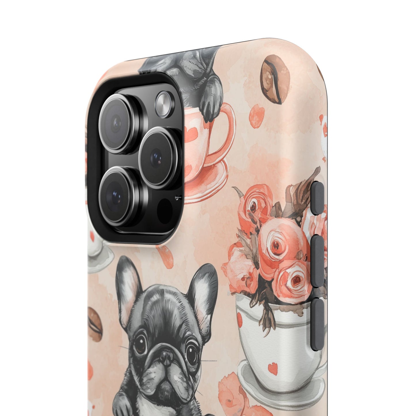 French Bulldogs in Heart Teacups MagSafe iPhone Case – Cute Dog & Floral Design, Shockproof Protection