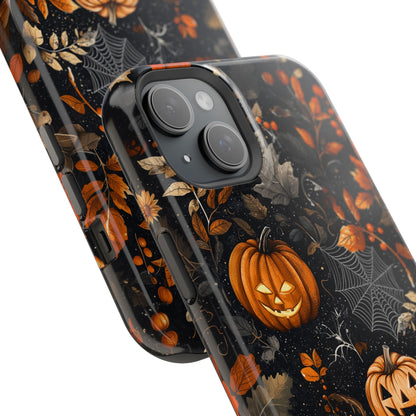 Elegant Halloween MagSafe iPhone Case – Pumpkin Jack-o'-Lanterns, Cobwebs & Autumn Foliage Design