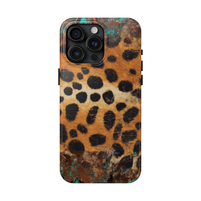 Rustic Leopard Print Tough iPhone Case – Distressed Turquoise and Animal Pattern with Dual-Layer Protection