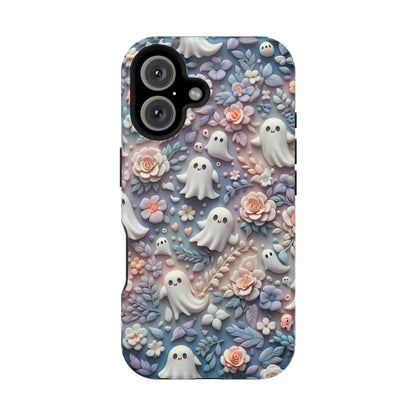 Cute MagSafe Ghosts Flowers Phone Case | Ethereal Clay Style | Autumn and Halloween Aesthetic | Tough Dual Layer Protection