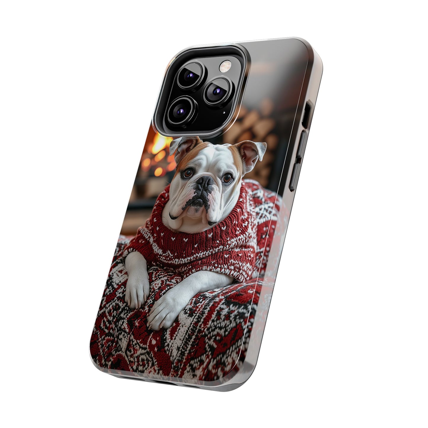 Cozy Bulldog in Sweater iPhone Case – Festive Fireplace Protective Cover