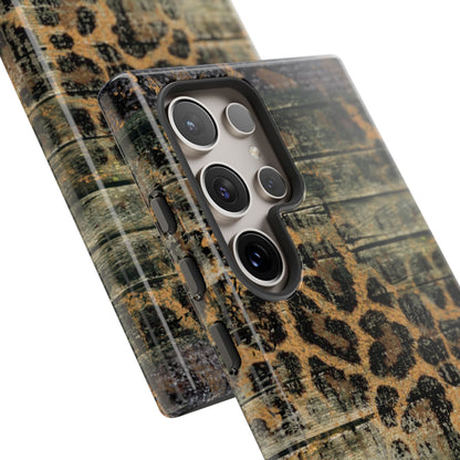 Rustic Wood and Leopard Print Tough Samsung Galaxy Case – Distressed Western Design with Dual-Layer Protection