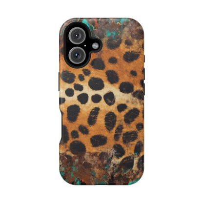 Rustic Leopard Print Tough MagSafe iPhone Case – Distressed Turquoise and Animal Pattern with Dual-Layer Protection