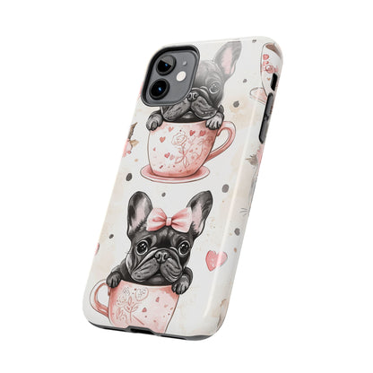 French Bulldogs in Teacups iPhone Case – Cute Dog Design with Hearts & Bows, Shockproof & Slim - BOGO Cases