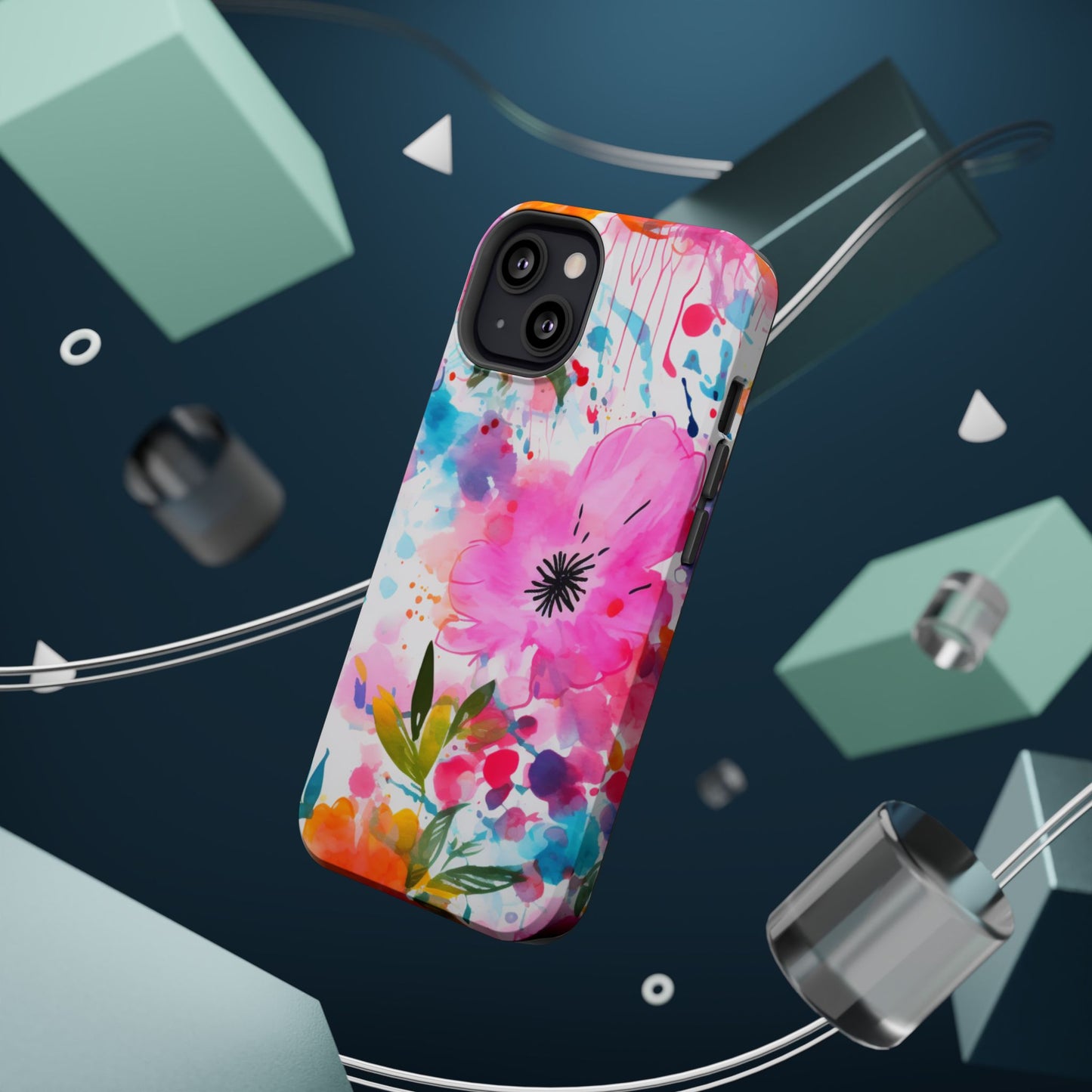 Color Splash Pink & Orange Watercolor Floral - MagSafe iPhone Case