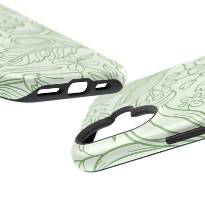 Sage Green Floral Line Art Tough MagSafe iPhone Case – Minimalist Botanical Design with Dual-Layer Protection