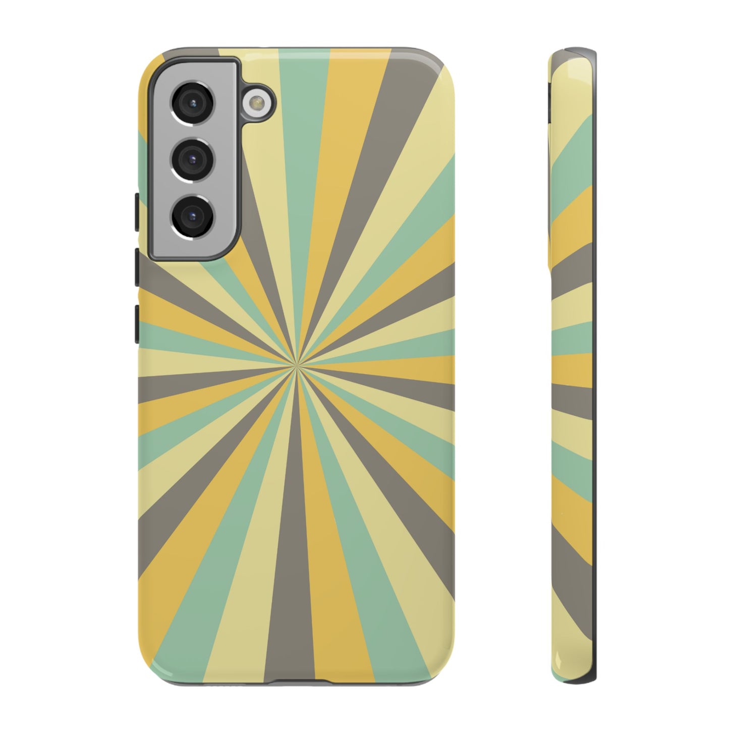 Vintage Sunburst Rays Samsung Galaxy Case – Bold 70s-Inspired Burst in Yellow, Mint, and Gray