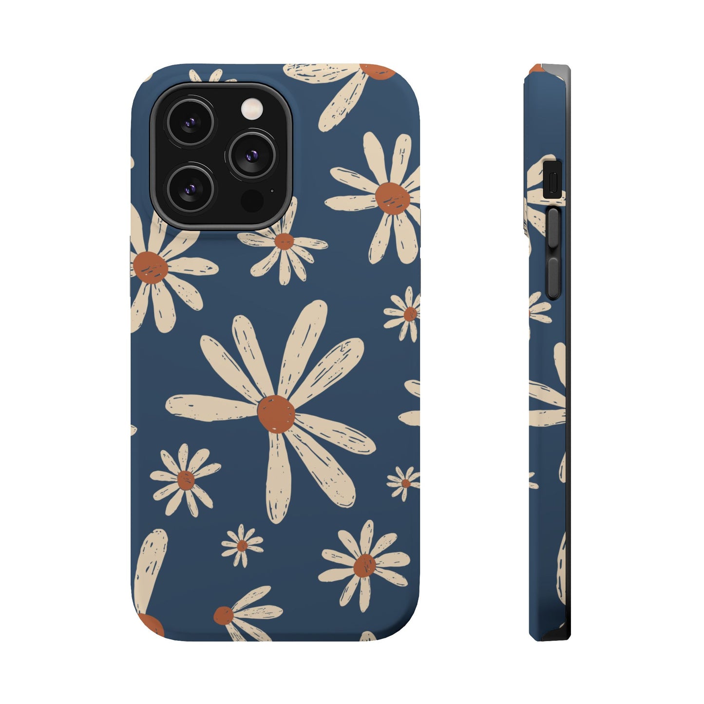 Vintage Daisies MagSafe iPhone Case – Navy Blue Floral Design, Scratch-Resistant with Shock-Absorbing Bumper