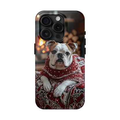 Cozy Bulldog in Sweater iPhone Case – Festive Fireplace Protective Cover