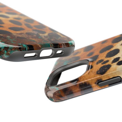 Rustic Leopard Print Tough MagSafe iPhone Case – Distressed Turquoise and Animal Pattern with Dual-Layer Protection