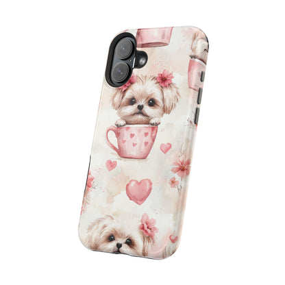 Floral Puppy in Teacup MagSafe iPhone Case – Cute Pink Flower Design, Tough Dual-Layer Protection