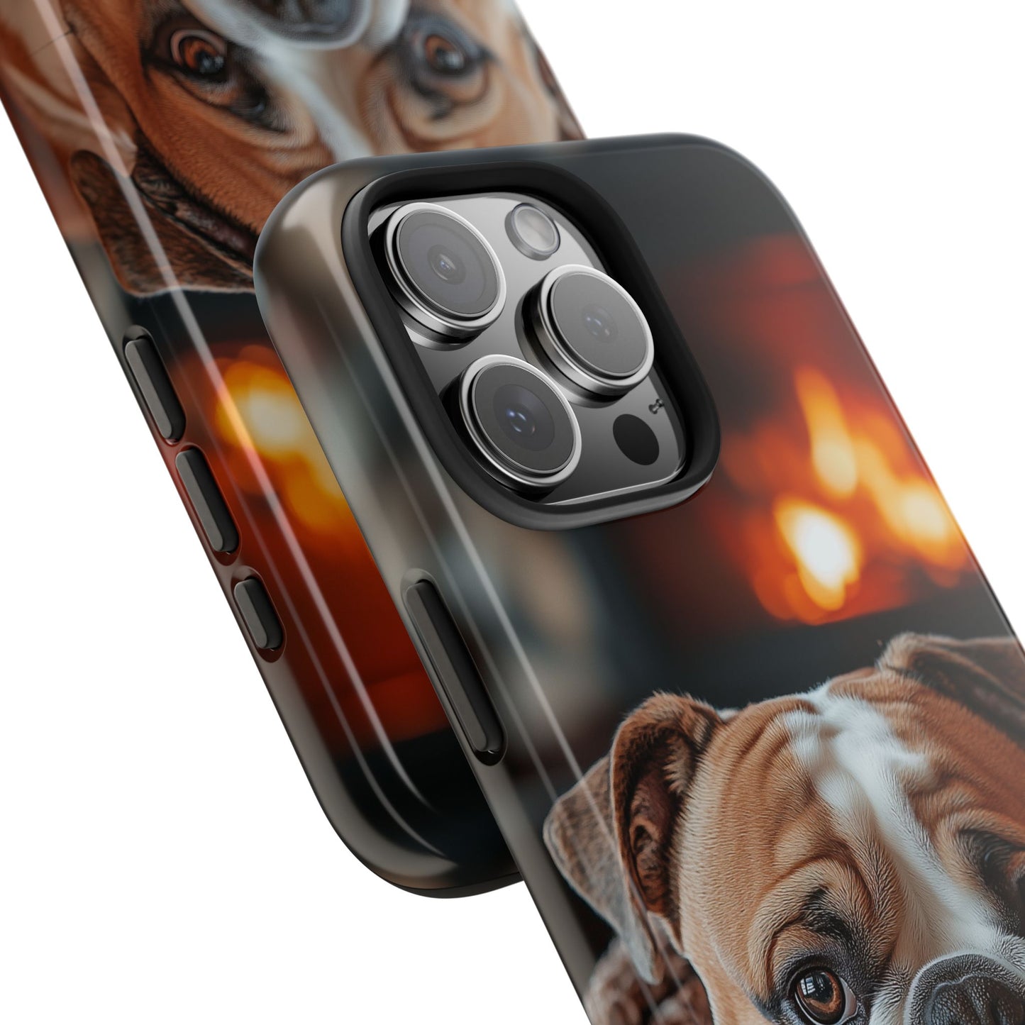 Cozy Bulldog iPhone Case – Fireside-Inspired Protective Cover Description: